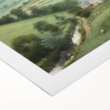 Landscape wall art printed on rolled canvas depicting a serene countryside scene with lush green fields and a vibrant blue sky, ideal for home decor.