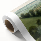 Landscape countryside wall art on rolled canvas, showcasing vibrant green fields and a serene blue sky, perfect for home decor and artistic ambiance.