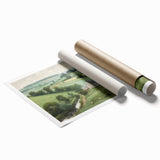 Landscape countryside wall art rolled print showcasing vibrant greens and golden fields under a bright blue sky, ideal for home decor or art enthusiasts.