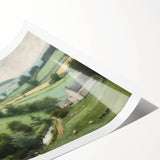 Landscape wall art print showcasing a serene countryside scene with rolling hills, lush greenery, and a vibrant sky, rolled for easy storage and display. Perfect for home decor enthusiasts seeking nature-inspired artwork.