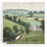 Stretched canvas wall art depicting a serene countryside landscape with rolling hills and vibrant greenery, perfect for enhancing home decor with a natural touch.