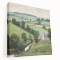 Stretched canvas wall art depicting a serene countryside landscape, featuring lush green fields and a vibrant blue sky, designed to enhance home decor aesthetics.