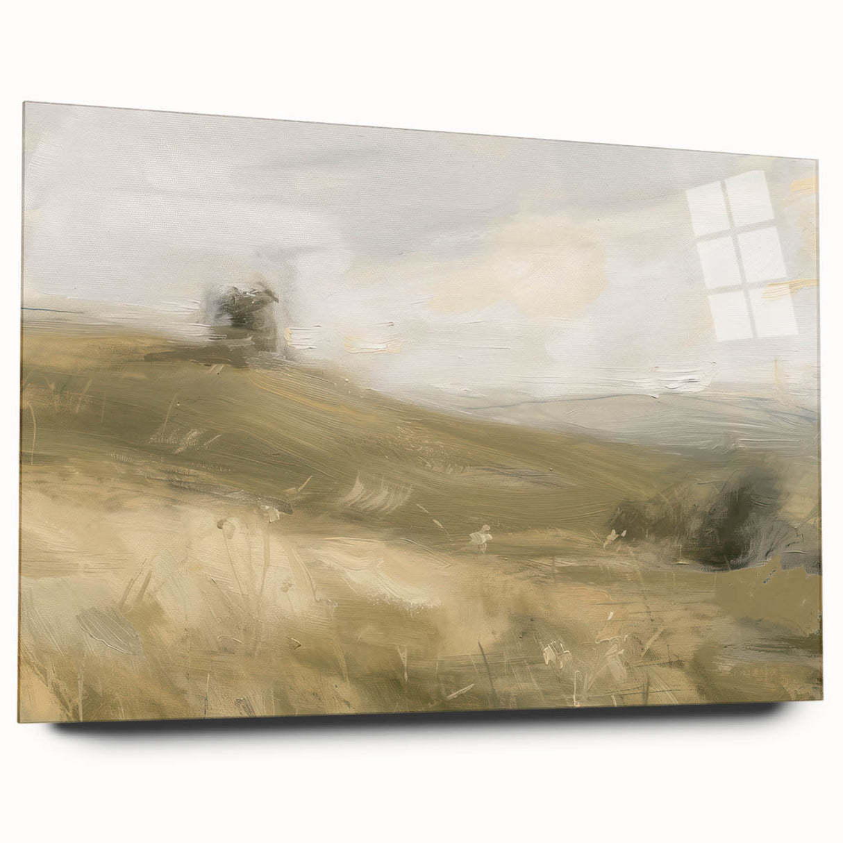 Acrylic glass landscape artwork displayed in a modern side profile, showcasing vivid colors and intricate details on a sleek surface, ideal for home decor.