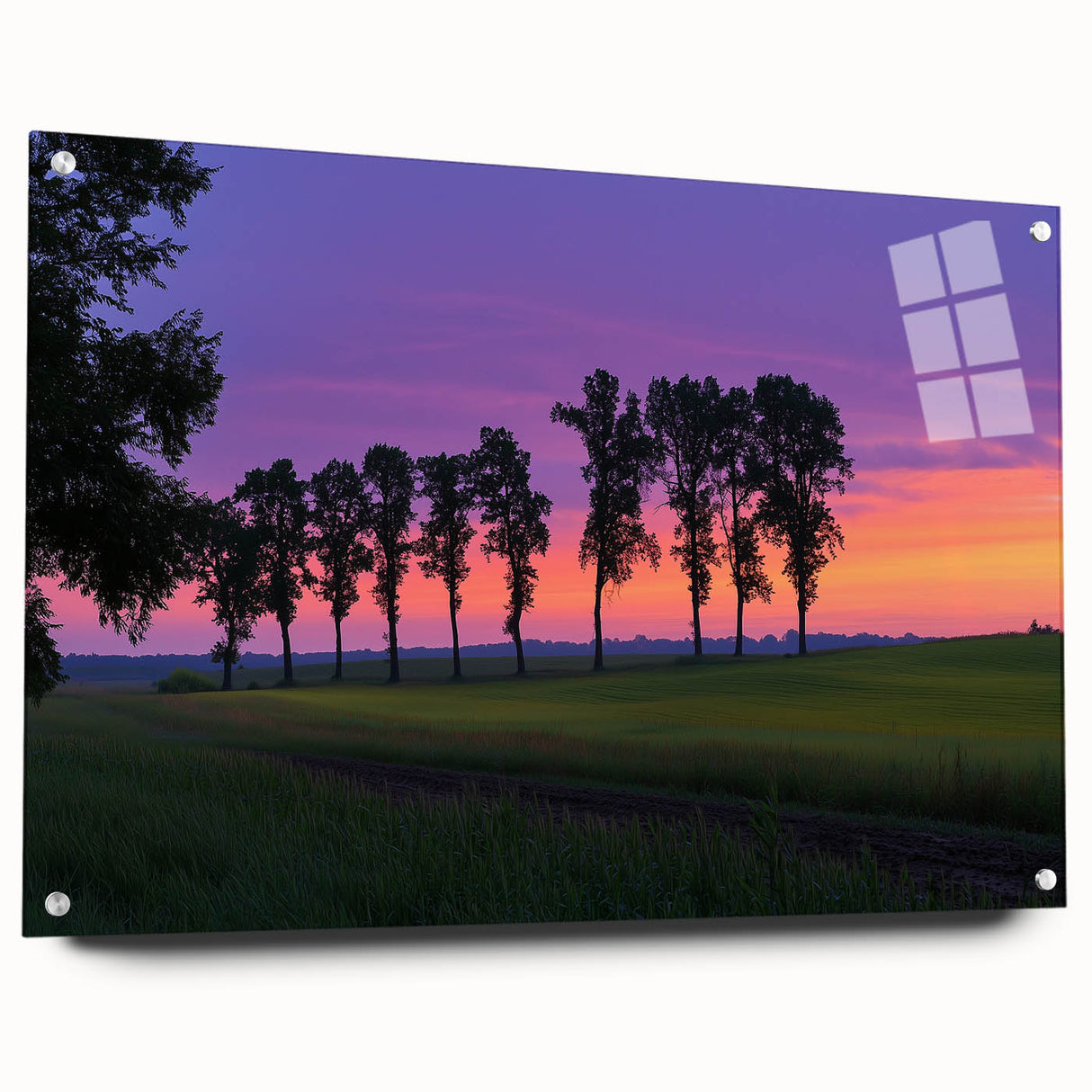 Acrylic glass artwork showcasing a serene countryside landscape in vibrant colors, elegantly displayed in a side view with decorative pins, perfect for home decor.