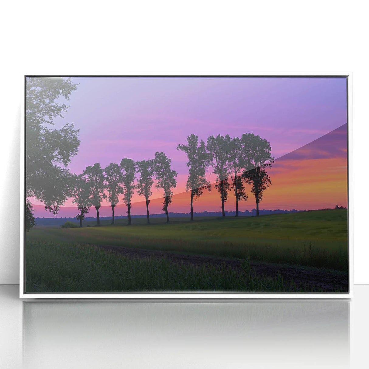 Framed acrylic landscape artwork showcasing a serene countryside scene with lush greenery and rolling hills, presented in a sleek white frame, perfect for home decor.