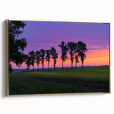 Framed canvas artwork depicting a serene countryside landscape with vibrant green fields and golden frame, ideal for home decor and interior design enthusiasts.