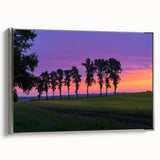 Framed canvas art depicting serene countryside landscapes, featuring a silver frame and a side view showcasing the elegant design and textures, ideal for home decor.