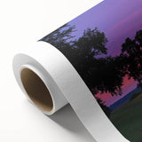 Rolled canvas artwork showcasing a tranquil countryside landscape with rolling hills and vibrant greenery, elegantly packaged in a protective cardboard tube.