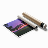 Rolled print showcasing a serene countryside landscape with lush green fields and a clear blue sky, elegantly packaged in a protective cardboard tube. Perfect for home decor enthusiasts and art collectors.