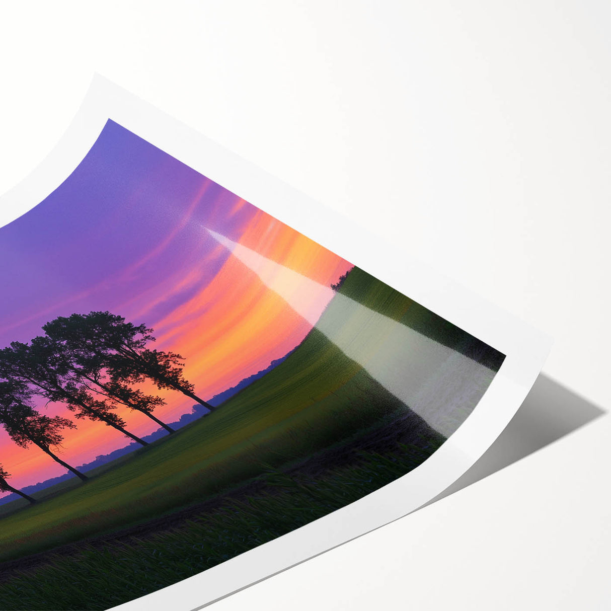 Rolled countryside landscape canvas print showcasing vibrant green fields, blue skies, and distant hills, elegantly packaged in a protective cardboard tube for safe shipping.