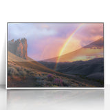 Framed acrylic artwork depicting a vibrant desert landscape with warm hues of orange and yellow, set in a sleek white frame, ideal for modern decor.