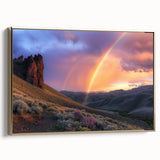 Framed canvas artwork showcasing a vibrant desert landscape with rich golden hues, elegantly displayed in a modern frame, perfect for home decor enhancement.