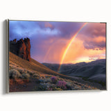 Framed canvas artwork showcasing a stunning desert landscape, featuring vibrant colors and intricate details, presented with a sleek silver frame for a modern decor accent.