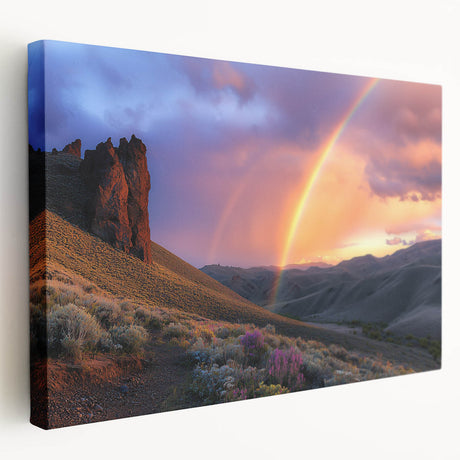 Desert landscape stretched canvas art showcasing vibrant hues of orange and gold, depicting a serene sunset with silhouetted cacti, perfect for modern home decor.