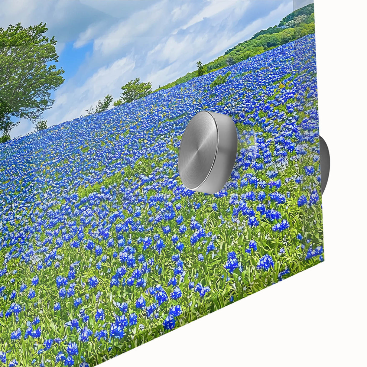 Close-up of a vibrant acrylic landscape artwork depicting lush green fields under a bright blue sky, showcasing intricate brushwork and color details, perfect for home decor.