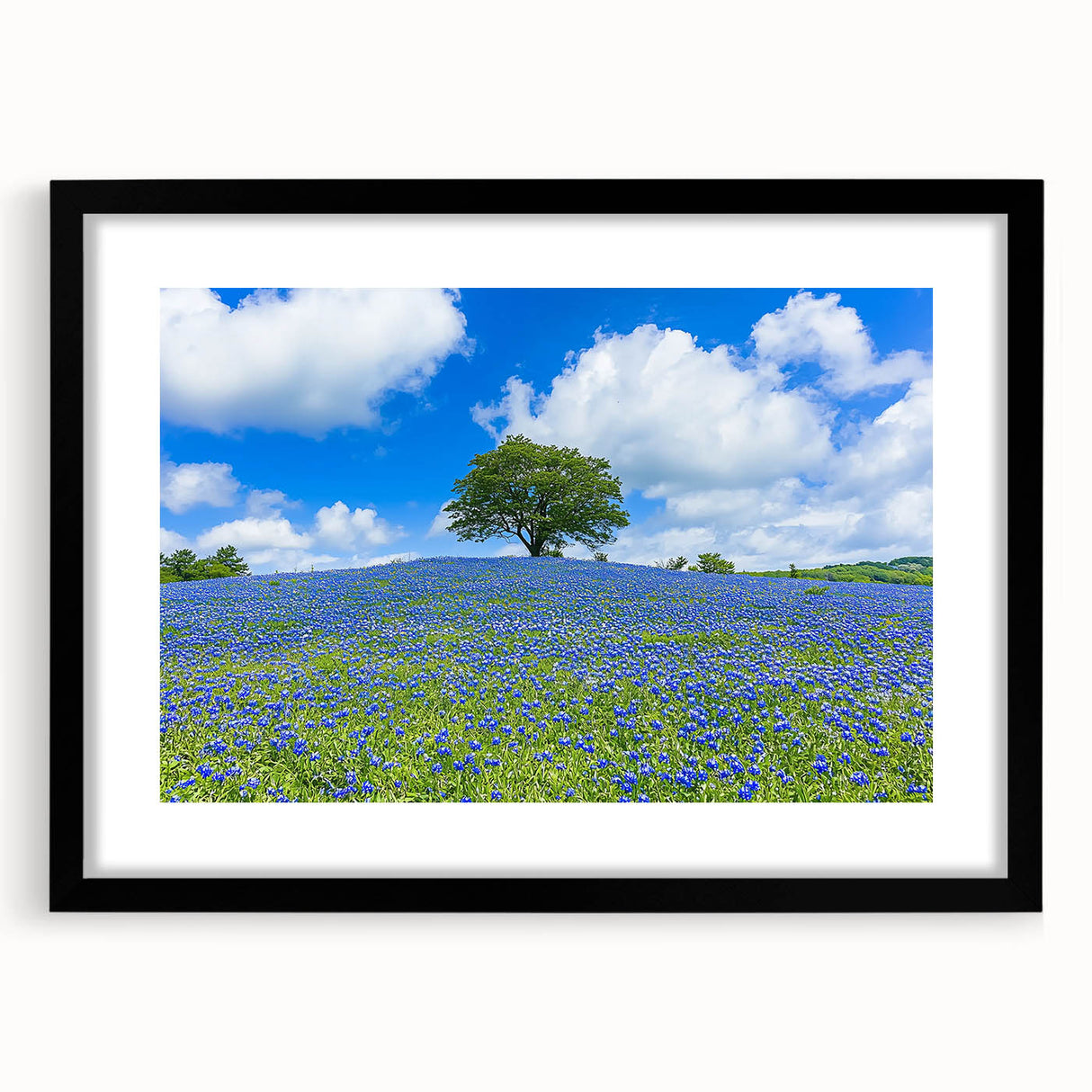 Black wooden frame with a white mat showcasing a vibrant landscape artwork, featuring rolling green fields and a clear blue sky, perfect for modern home decor.