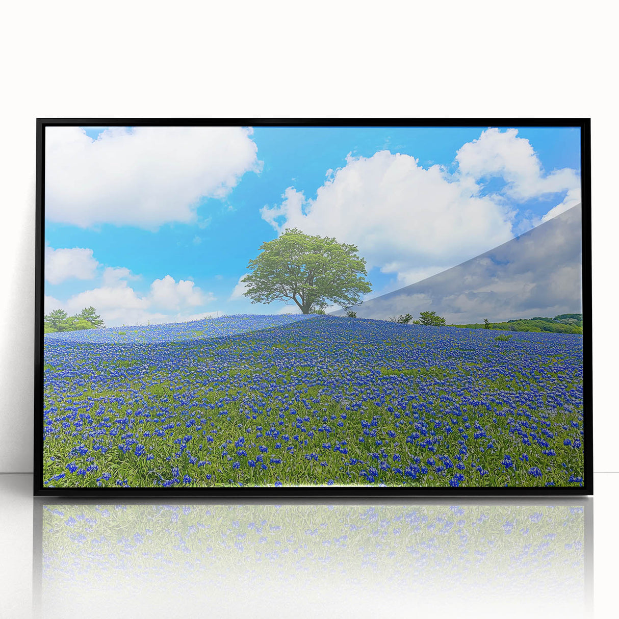 Framed acrylic artwork showcasing a vibrant landscape with lush green fields and a serene blue sky, presented in a sleek black frame, perfect for home decor.