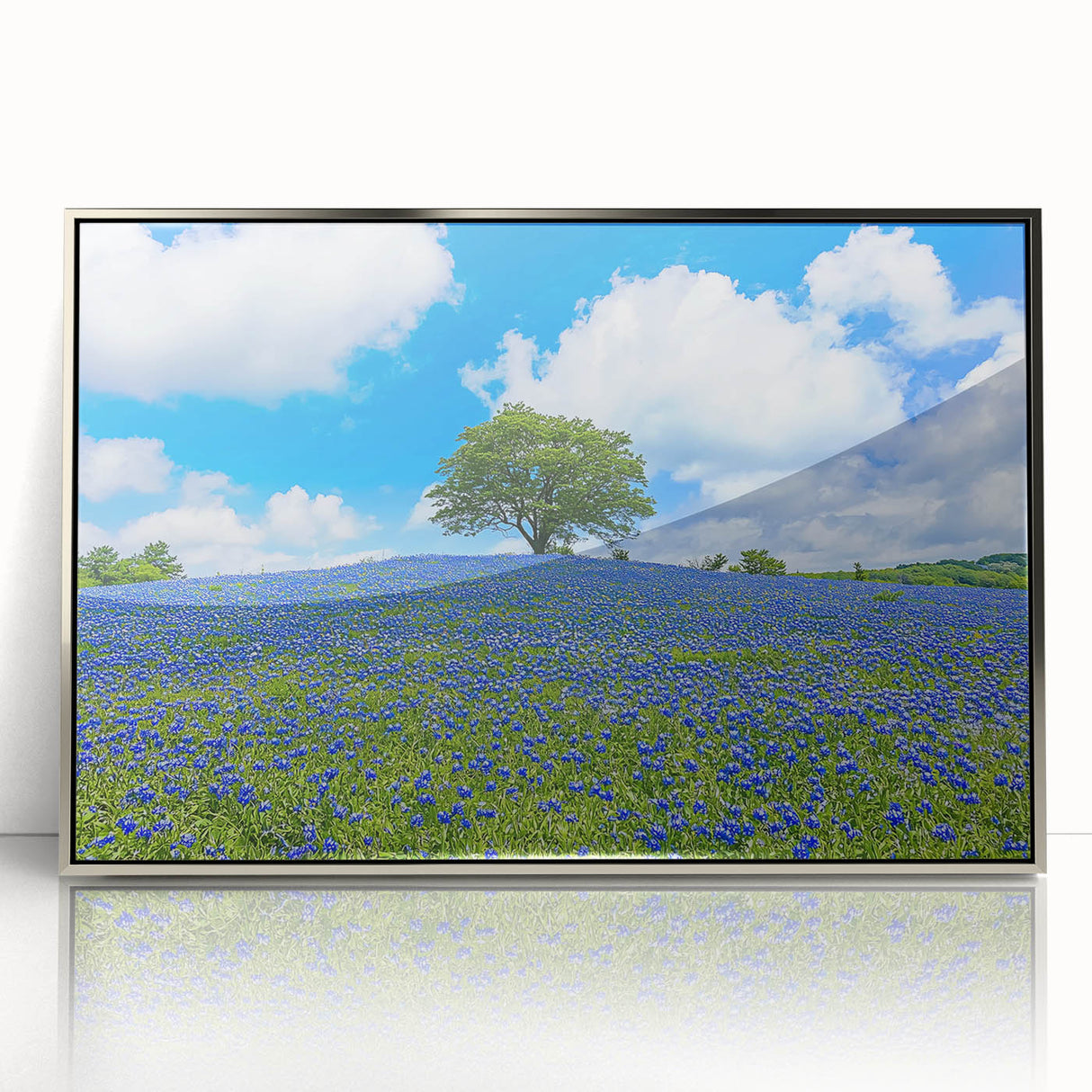 Framed acrylic artwork showcasing a serene landscape of lush green fields under a clear blue sky, perfect for enhancing home decor with a natural theme.