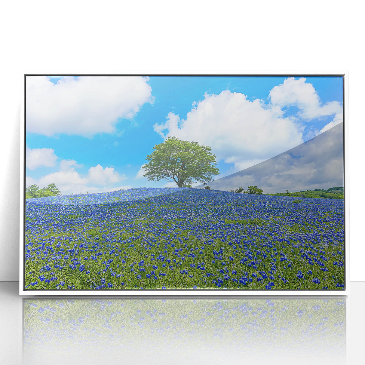 Framed acrylic artwork depicting vibrant green fields under a blue sky, ideal for home decor, bringing nature-inspired aesthetics to any room.