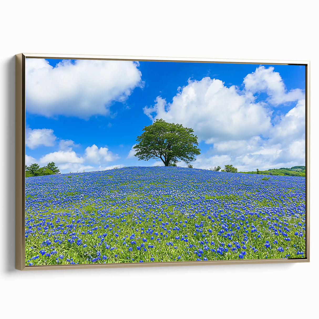 Framed canvas artwork showcasing a serene landscape of golden fields, elegantly displayed with a gold frame, ideal for home decor and enhancing interior aesthetics.