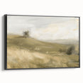 Framed canvas artwork showcasing a serene landscape scene, featuring lush green hills and a vibrant sunset, presented in a sleek black frame for modern decor.