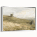 Framed canvas artwork depicting a serene landscape scene with vibrant colors, showcasing a white frame and side view, ideal for home decor. Perfect for enhancing interior spaces with a touch of nature.