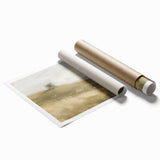 Vibrant rolled landscape print showcasing a serene mountain scene with lush greenery and a colorful sunset, securely packaged in a protective cardboard tube.