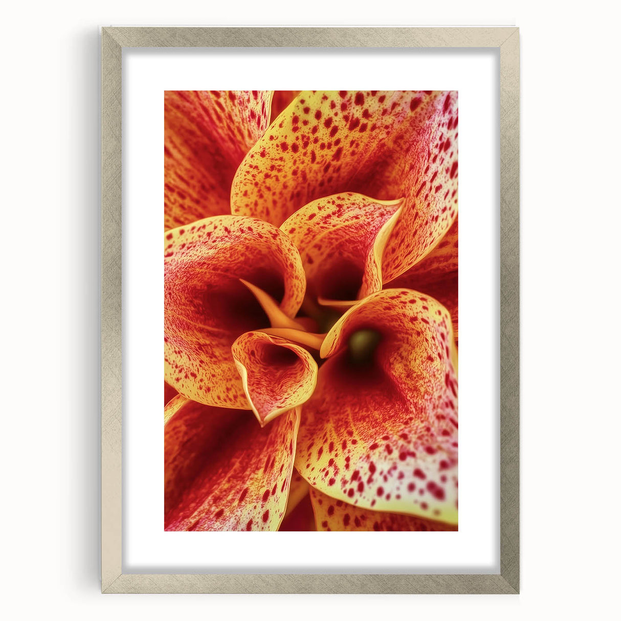 Textured art print of abstract florals in muted earth tones, framed in silver, ideal for bedroom wall decor.