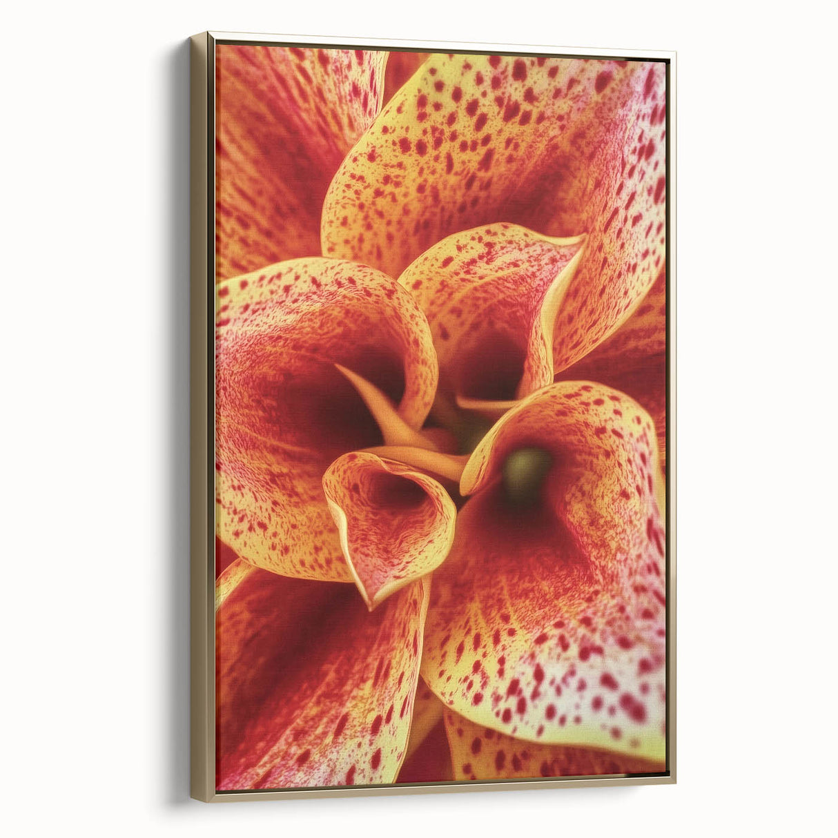 Framed canvas featuring a close-up floral design in gold and black tones, suitable as wall art for bedroom.