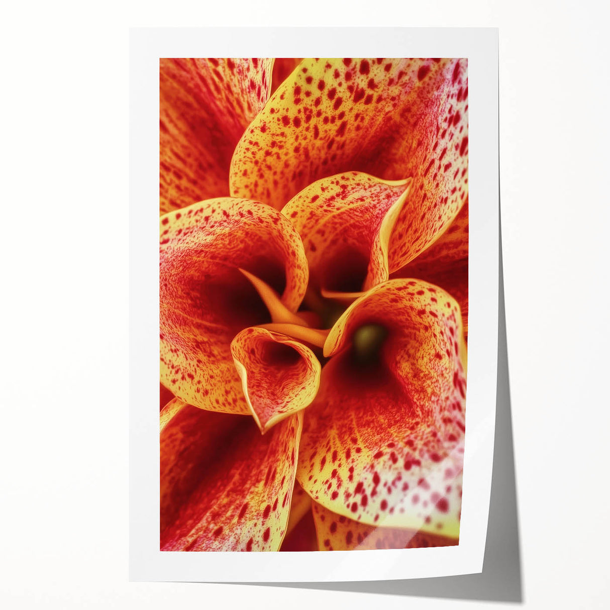 Close-up floral art on rolled canvas featuring vibrant pink and green tones, ideal for dining room or bathroom decor.