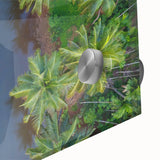 Large abstract wall art depicting a mid-century modernist scene in muted earth tones on acrylic glass.