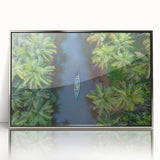 Mid-century modernist art of an Indian landscape in muted earth tones on a framed acrylic, ideal for nursery wall decor.