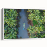 Vintage poster art of a scenic Indian landscape in vibrant colors on a white-framed canvas, ideal for living room decor.