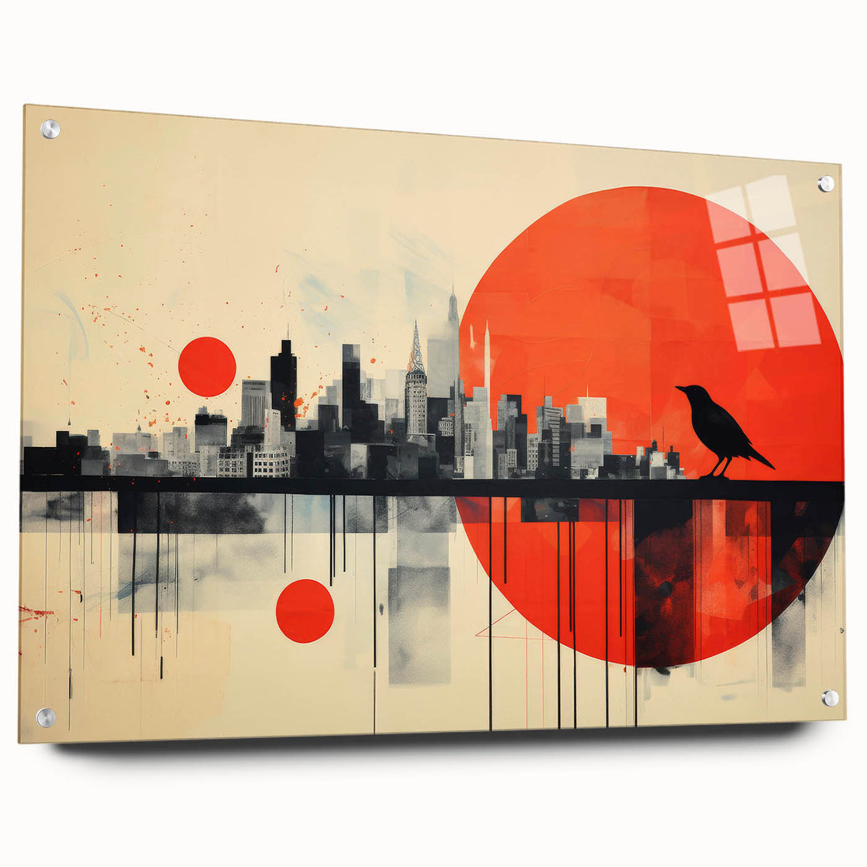 Acrylic print of London's skyline in muted gray and blue tones, ideal for dining room decor.