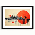 Extra large abstract art print of colorful London scenery on textured canvas, framed in black, ideal for living room decor.