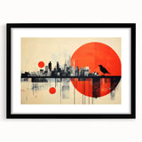 Extra large abstract art print of colorful London scenery on textured canvas, framed in black, ideal for living room decor.
