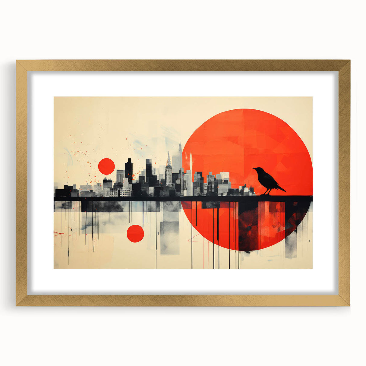 Abstract art print of the London skyline in muted gray and gold tones on a framed canvas, suitable for dining room decor.