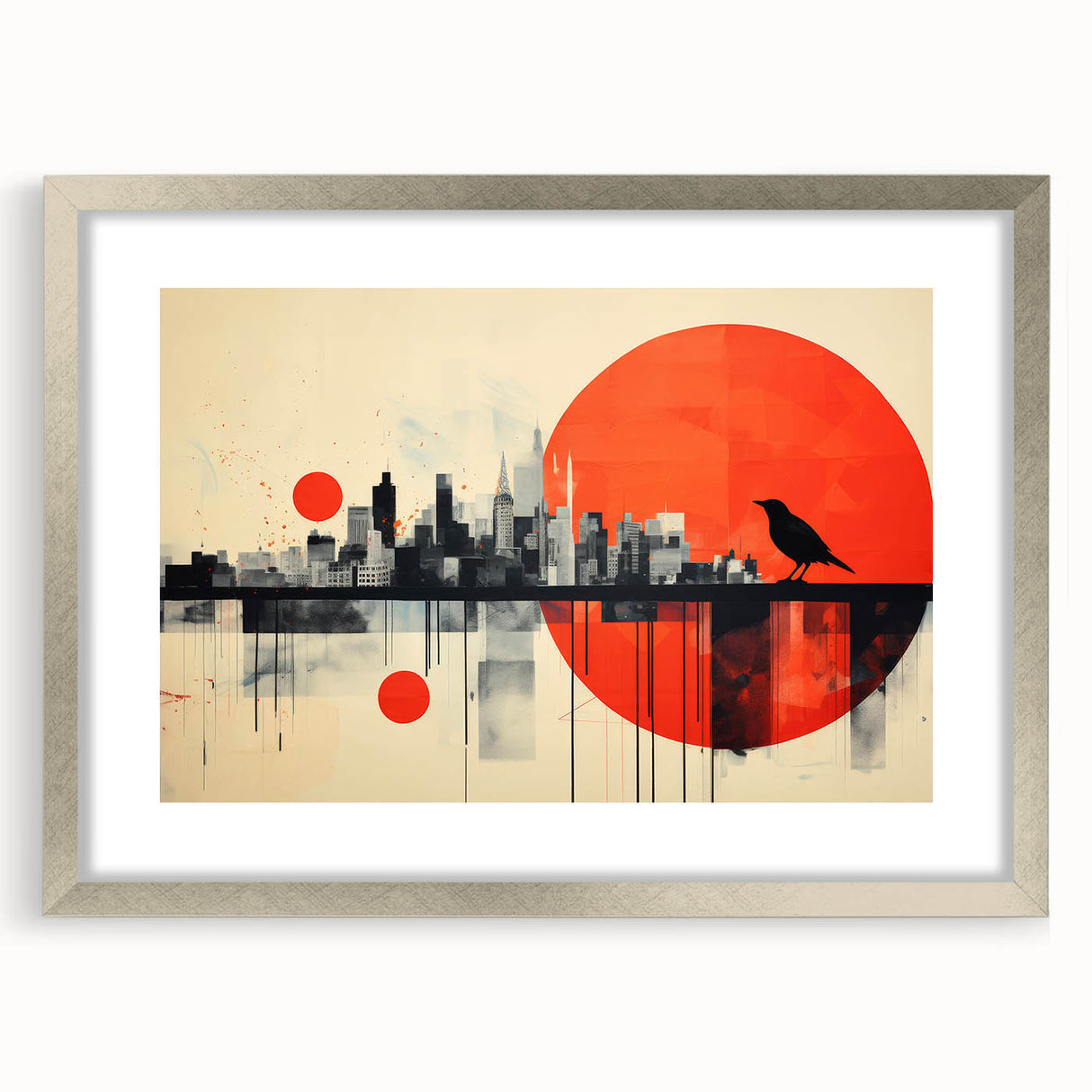 Extra large abstract art print of London scenery in textured style, with silver frame, ideal for living room decor.