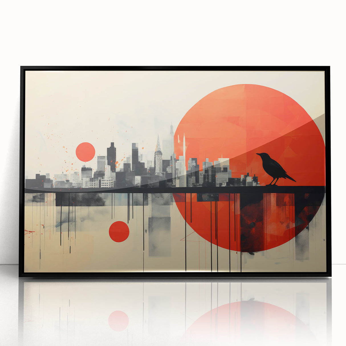 Large abstract wall art depicting the London skyline in muted gray and blue tones on a framed acrylic.