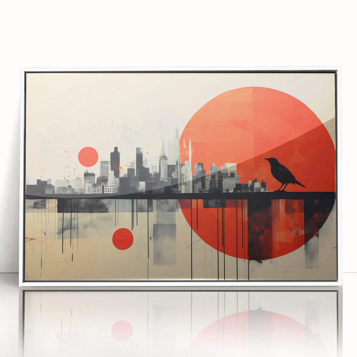Mid-century modernist art depicting London scenery in muted gray and blue tones, framed acrylic, ideal for nursery wall art.