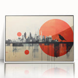 Mid-century modernist art depicting London scenery in muted gray and blue tones, framed acrylic, ideal for nursery wall art.