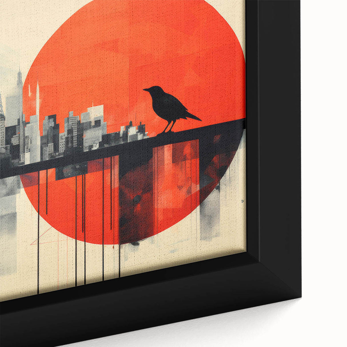 Extra large black wall art featuring a textured depiction of London's skyline in colorful hues on framed canvas.