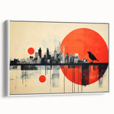 Vintage poster art of London scenery in vibrant colors on a large framed canvas, ideal for living room decor.
