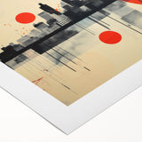 Art Deco poster of London skyline in muted gray and blue tones on rolled canvas, suitable for dining room wall art.