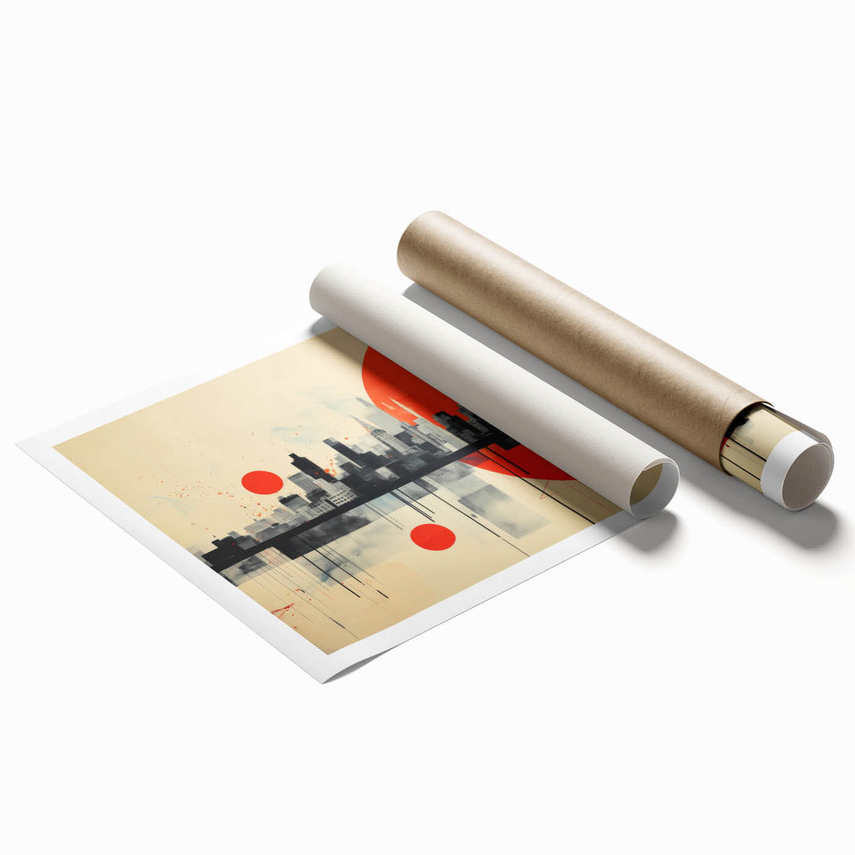 Extra large rolled print of a London cityscape with muted floral elements, ideal for classy bathroom wall art.