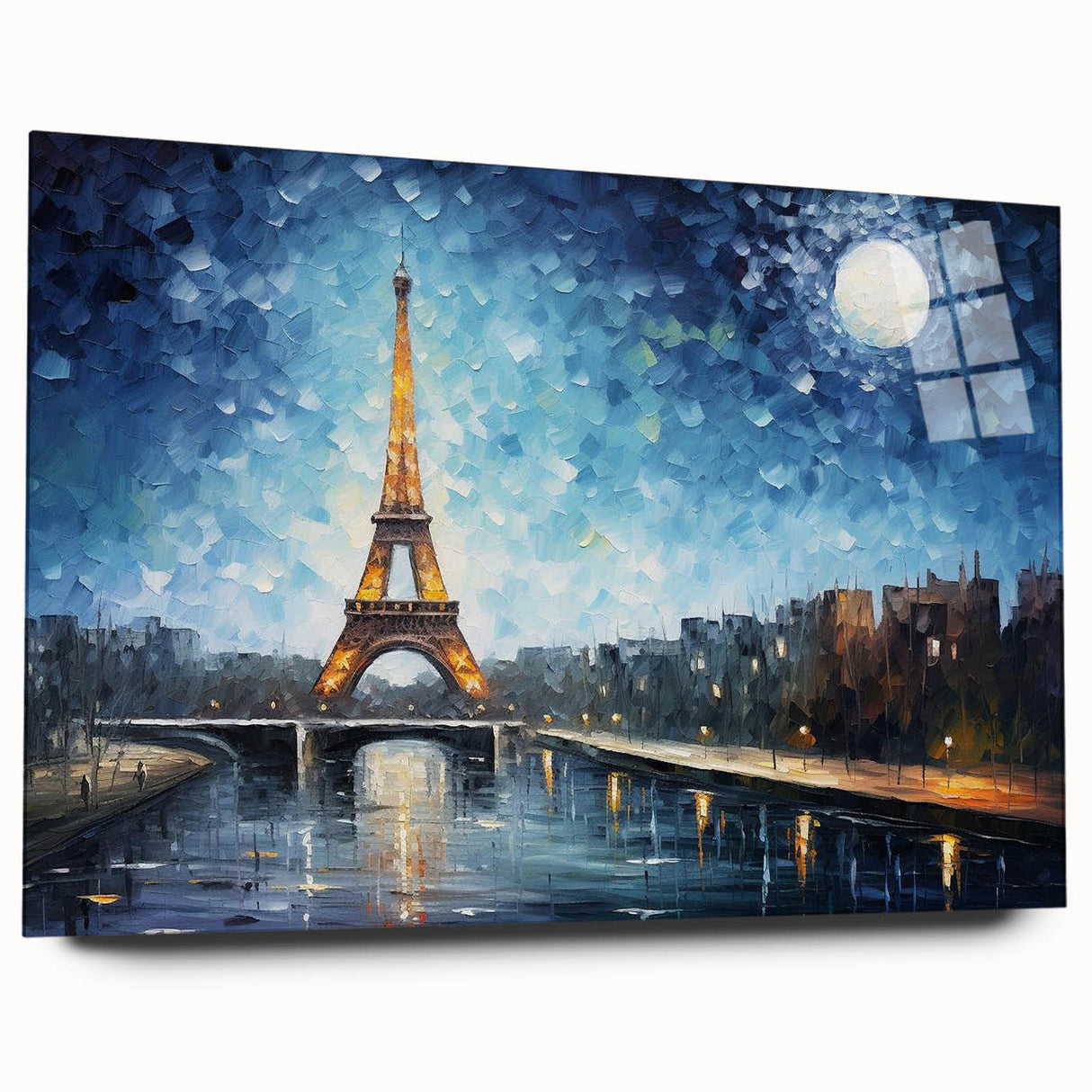 Acrylic print of a large abstract depiction of Paris in muted gray and blue tones, ideal for bedroom or dining room art.