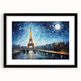 Abstract art print of colorful, textured Paris scenery in a black frame, ideal for living room decor.