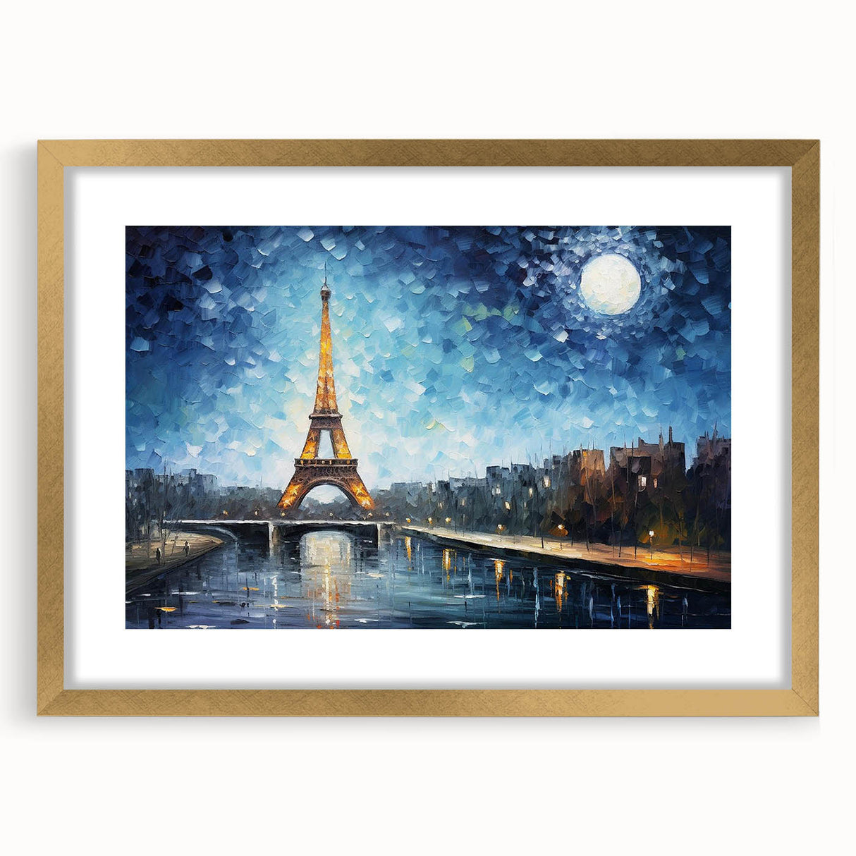Abstract art print of Paris scenery in muted gold and blue tones, framed with a gold mat, suitable for dining room decor.