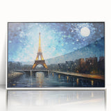 Mid-century modernist art of Paris skyline in muted gray tones on a framed acrylic, ideal for nursery wall decor.