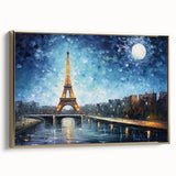 Framed canvas of a vintage Paris landscape in black and gold tones, ideal for bedroom wall art.